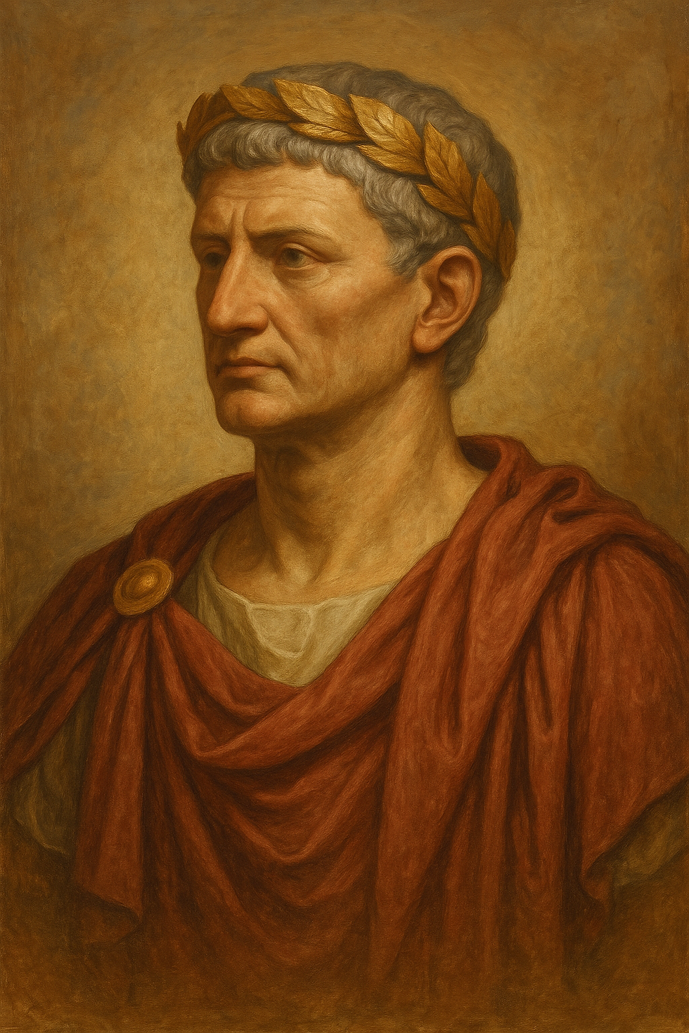 Portrait of a man in Roman attire with a laurel wreath, draped in red fabric. Neutral background, regal and stoic expression.