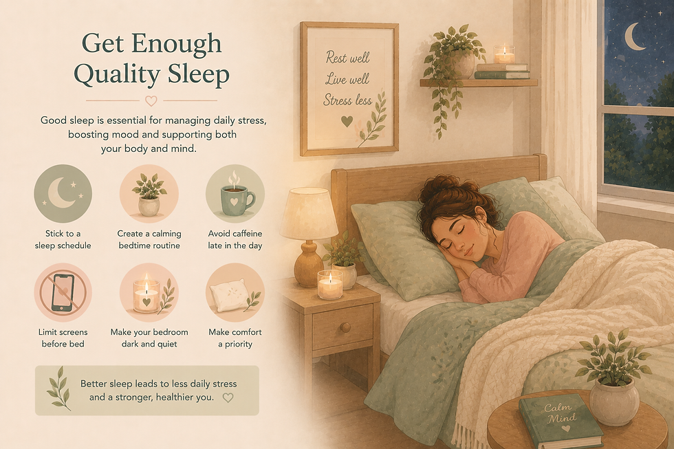 Infographic of sleep tips beside a woman sleeping in a cozy bedroom at night, with text like Get Enough Quality Sleep and Calm Mind.