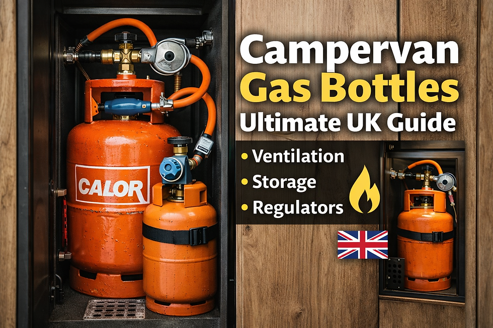 Campervan LPG gas bottle locker with regulator and ventilation setup inside a UK campervan kitchen unit