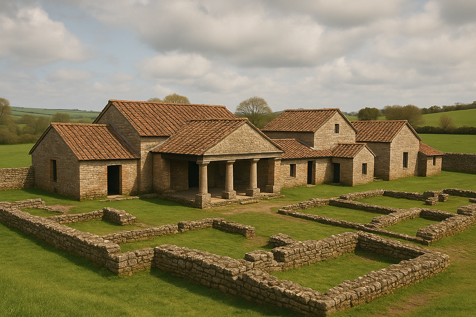 Historic stone villa with red-tiled roofs, surrounded by green fields and stone walls under a cloudy sky, creating a tranquil ambiance.