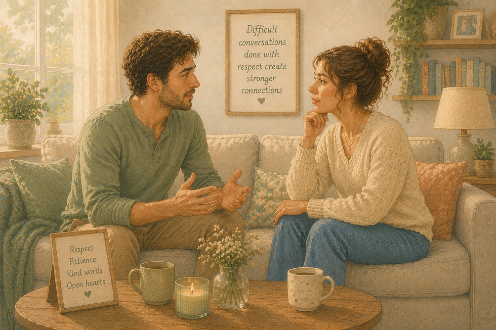 Illustrated man and woman having a respectful discussion in a calm pastel-coloured setting, communicating thoughtfully during a difficult conversation.
