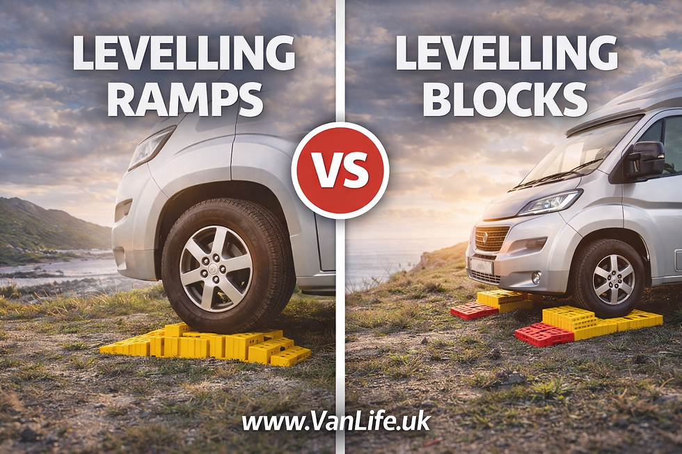 Side-by-side comparison image showing a campervan on levelling ramps versus levelling blocks with “Levelling Ramps vs Levelling Blocks” text and www.VanLife.uk