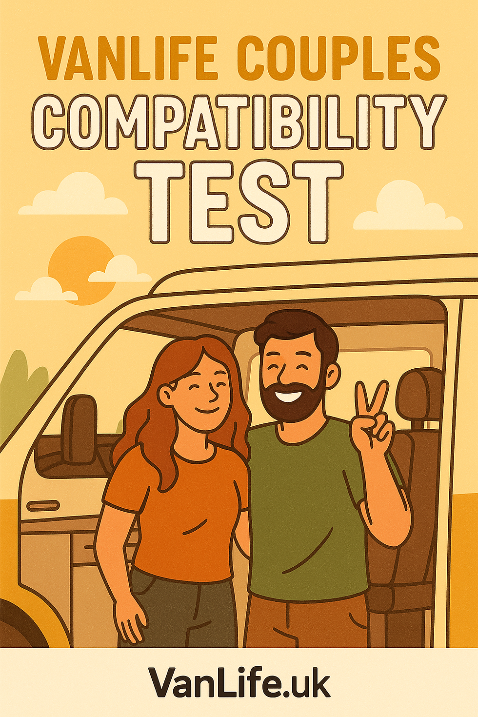 Illustration of a smiling couple by a van, man flashing a peace sign. Text: "Vanlife Couples Compatibility Test." Background features sun and clouds.