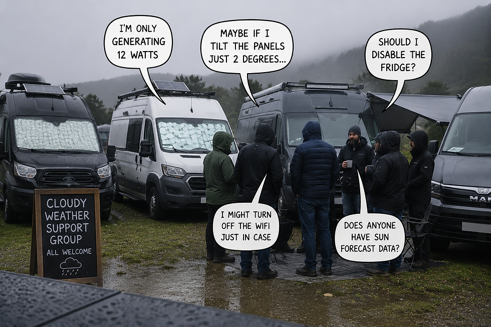 Rainy campsite with vans and a support group of hooded people debating solar power, Wi‑Fi, fridge, and sun forecast.