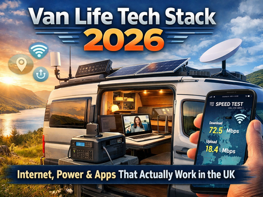 Campervan set up for remote work in the UK with solar panels, mobile internet router and power station, showing a van life tech stack for 2026.
