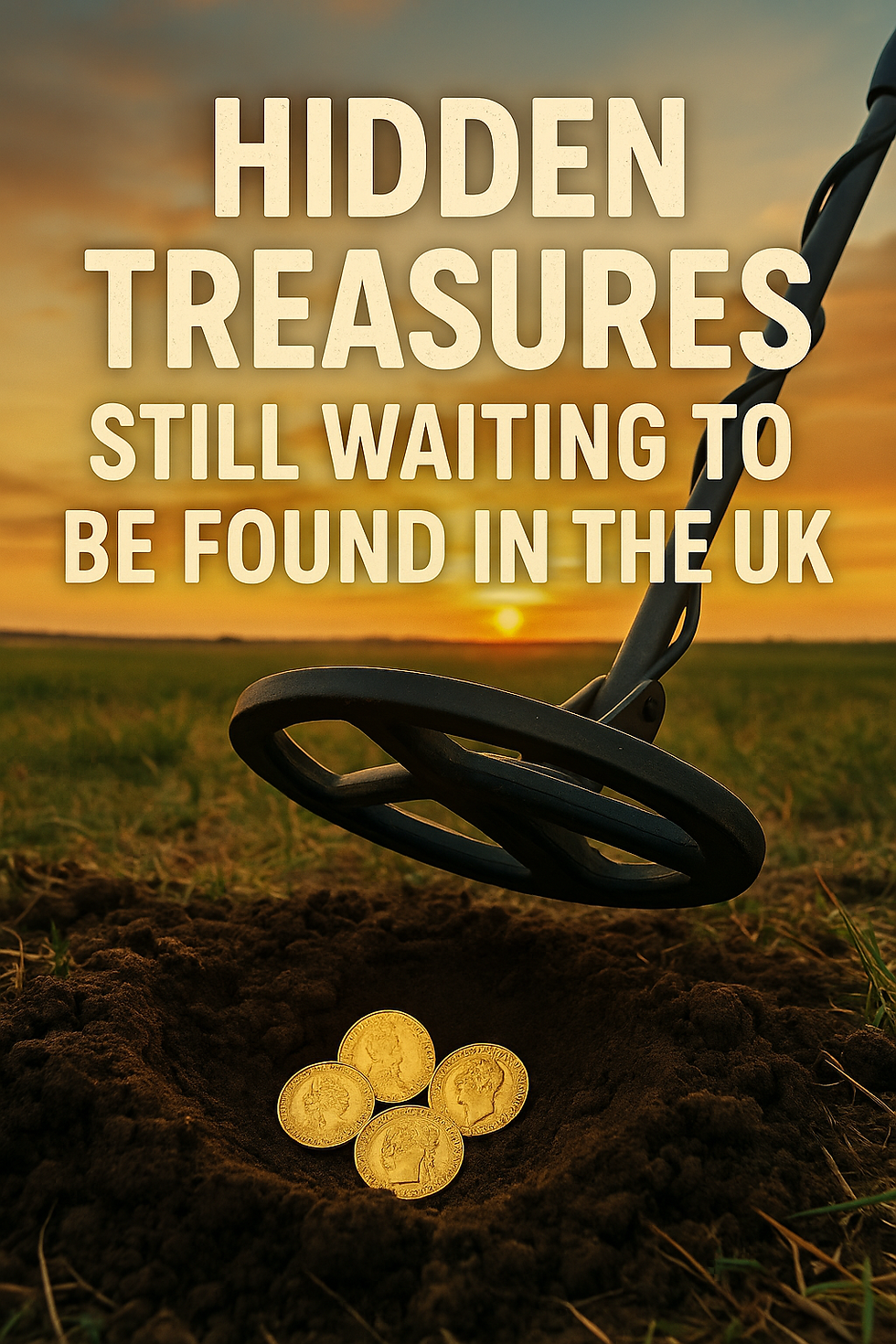 Metal detector near coins in soil, with a sunset backdrop. Text reads: Hidden treasures still waiting to be found in the UK.