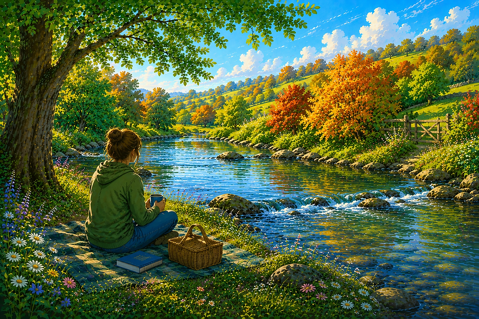 Colourful illustration of a person relaxing beside a peaceful English river with a book and picnic basket, surrounded by autumn colours, wildflowers and countryside scenery, symbolising reflection, tranquillity and inner peace.
