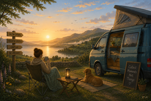 Illustrated hero image showing a blue campervan overlooking a peaceful British mountain and lake landscape at sunrise, representing van life, peace of mind, wellbeing and freedom on the open road.