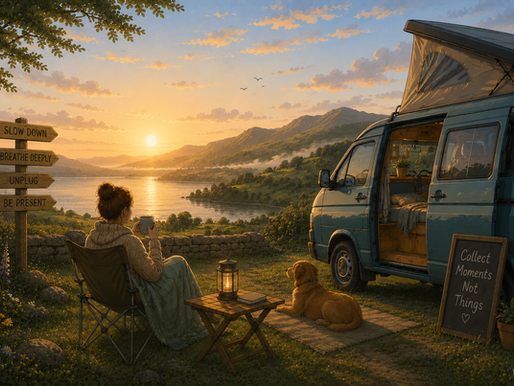 Illustrated hero image showing a blue campervan overlooking a peaceful British mountain and lake landscape at sunrise, representing van life, peace of mind, wellbeing and freedom on the open road.