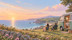 Illustration of a couple relaxing beside a campervan overlooking the UK coast on their first campervan trip.