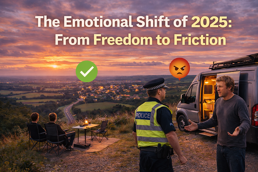 Sunset vista, two people sitting, police officer talking to a man by a van. Text: "The Emotional Shift of 2025: From Freedom to Friction."