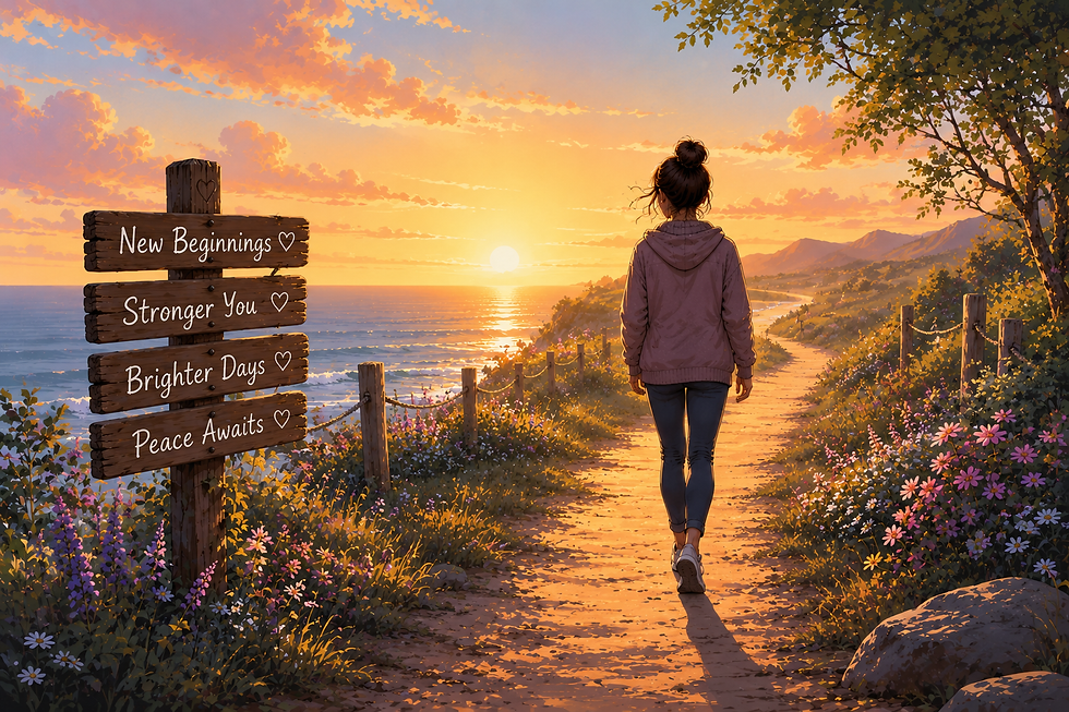 Illustrated peaceful sunrise scene symbolising hope, personal growth, emotional recovery and finding peace after betrayal.