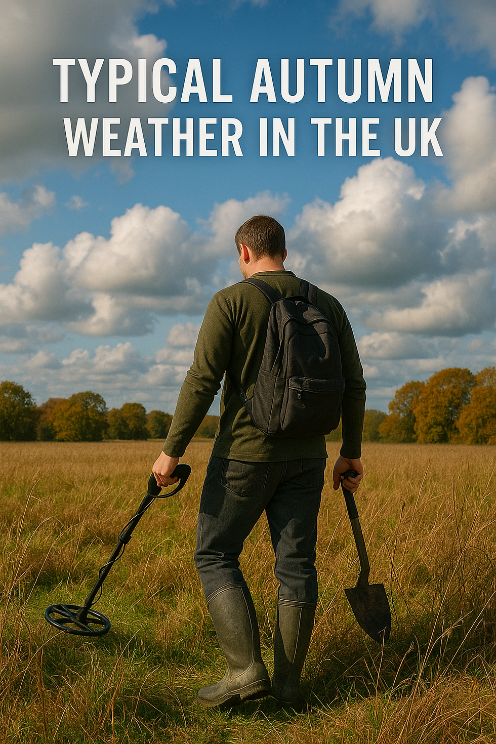 Man with backpack, metal detector, and spade in grassy field. Blue sky, clouds, and autumn trees. Text reads "Typical Autumn Weather in the UK".