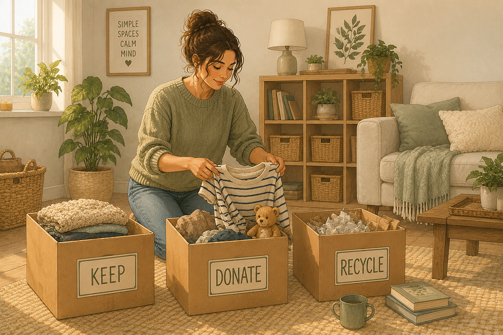 Illustrated person sorting household items into keep, donate and recycle boxes in a bright, calm room with soft pastel colours.