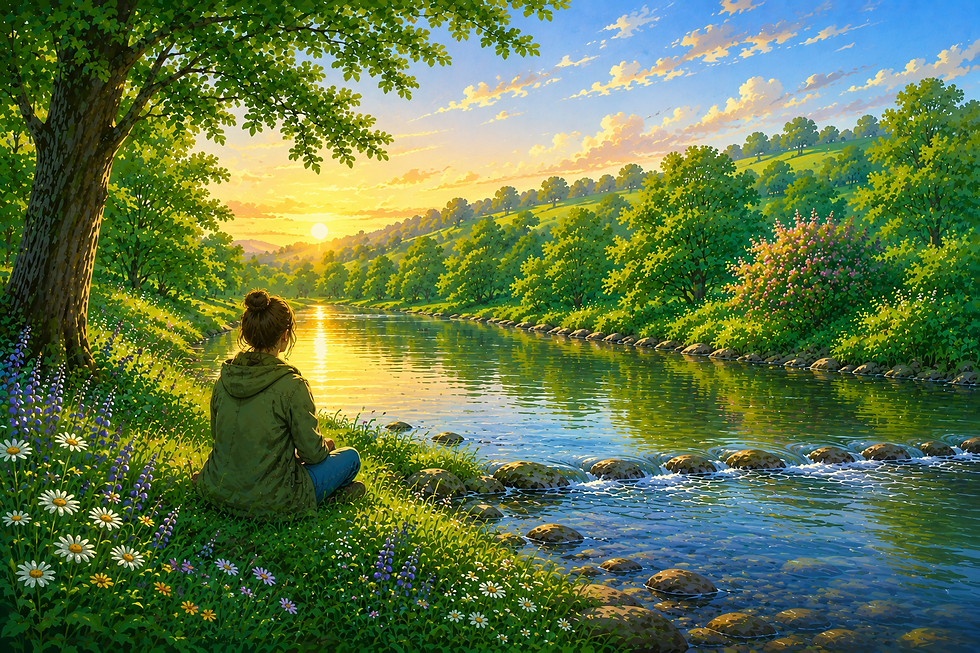 Colourful illustration of river wildlife in the English countryside with birds, wildflowers, trees and a flowing river, symbolising nature observation, tranquillity and the calming effect of rivers.