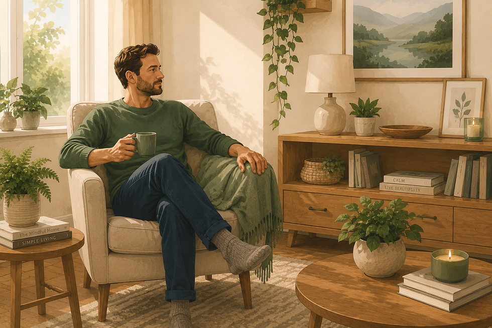 Illustrated scene showing a man organising his living room, demonstrating the connection between clutter, home environment and mental wellbeing.