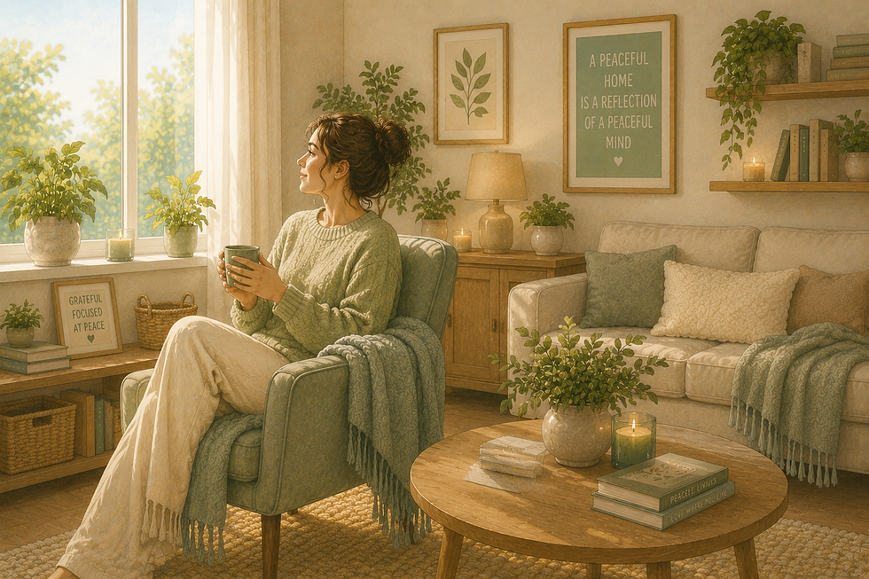 Illustrated person relaxing peacefully at home with a cup of tea, surrounded by a tidy, organised living space in soft pastel colours and natural light.