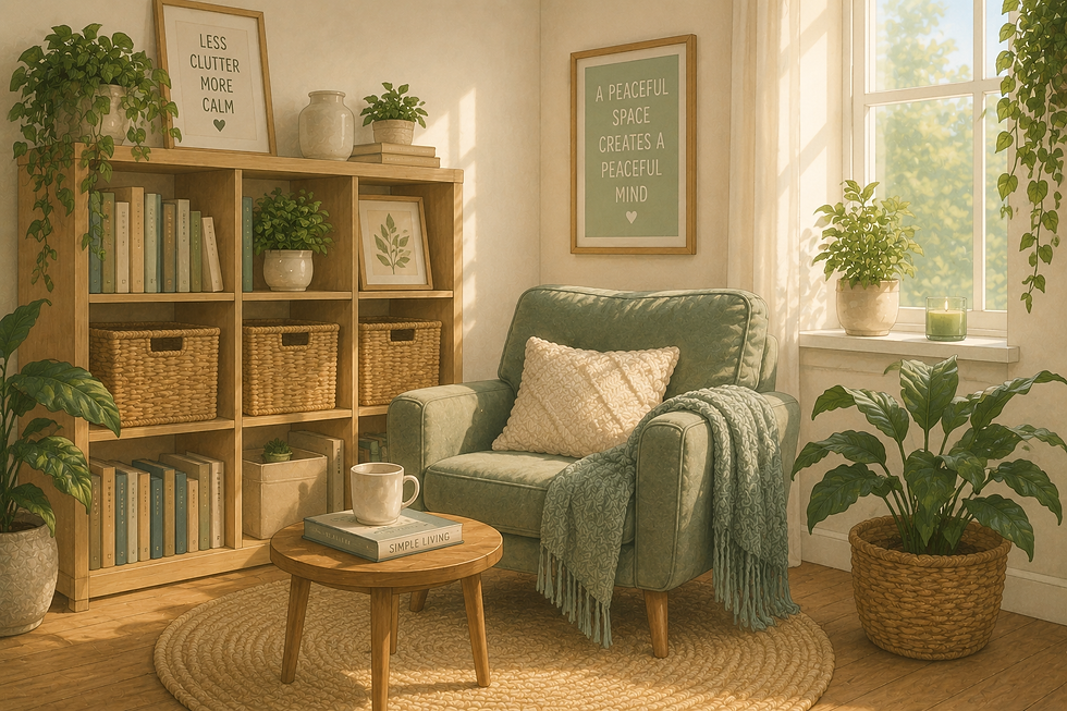 Illustrated cosy reading corner with organised bookshelves, a comfortable chair, soft pastel colours, plants and natural light.