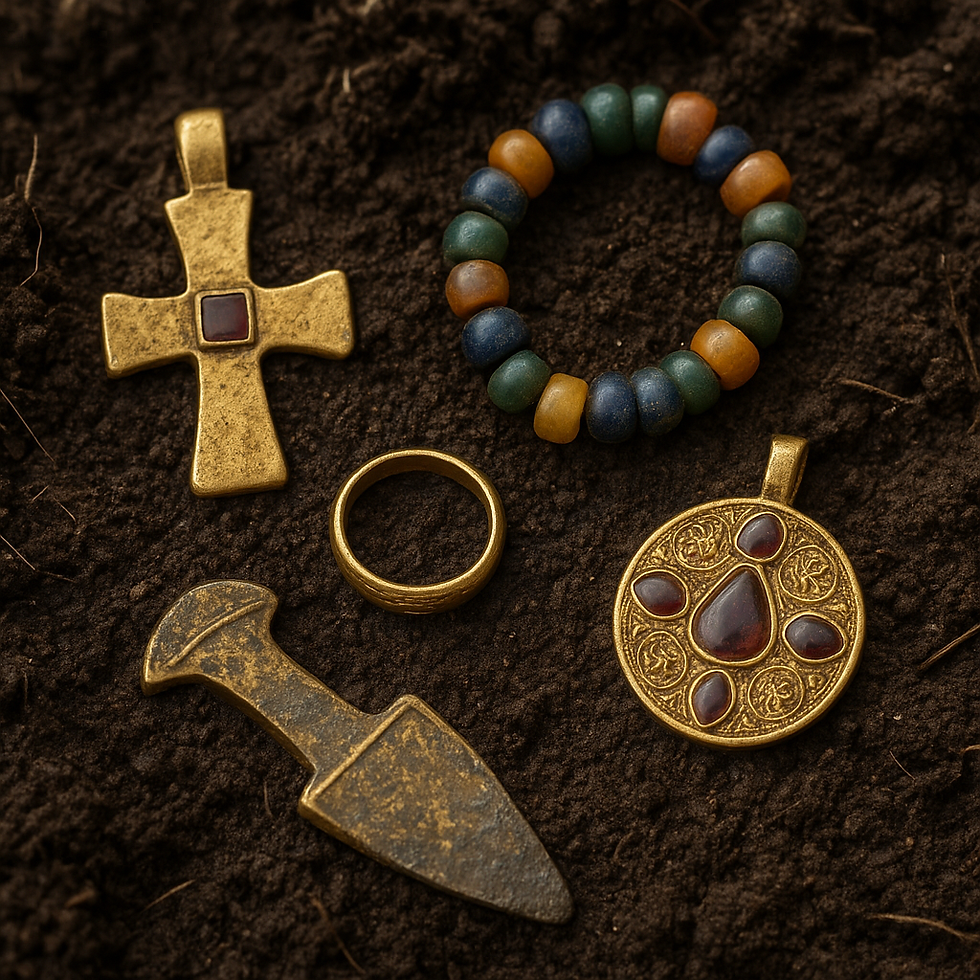 Ancient jewelry on soil: gold cross, colorful bead bracelet, plain ring, dagger-shaped item, ornate medallion with red stones.