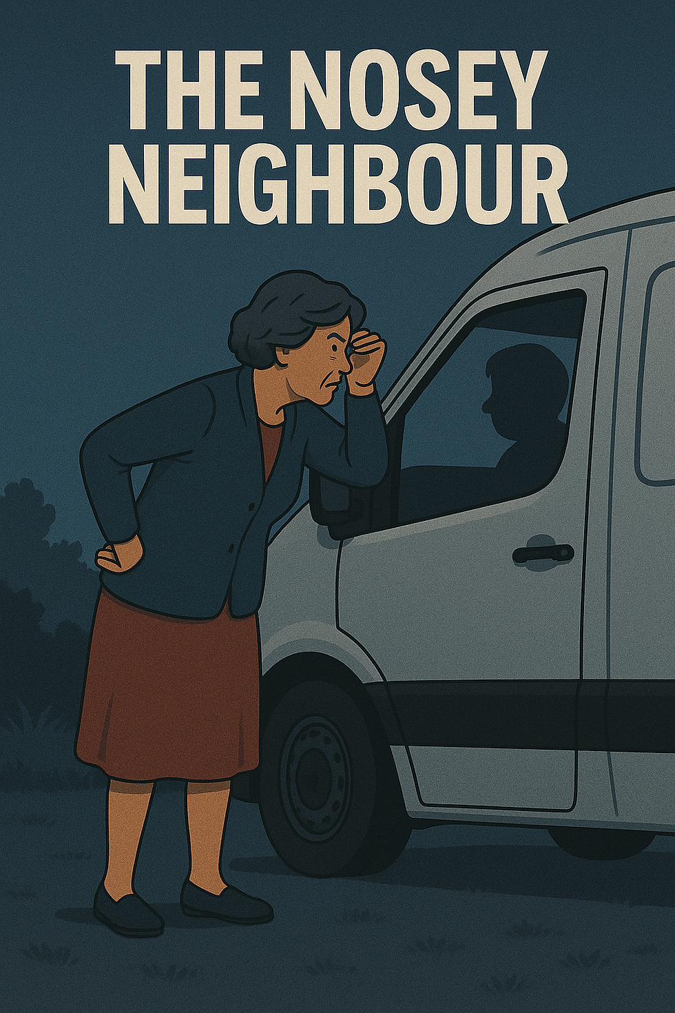 A woman peers into a van window, looking curious. Text reads "THE NOSEY NEIGHBOUR." Set at night with a dark, shaded background.