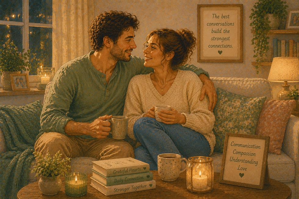 Illustrated man and woman enjoying a peaceful evening together in a cosy pastel-coloured home, sharing a moment of trust, understanding and emotional connection.