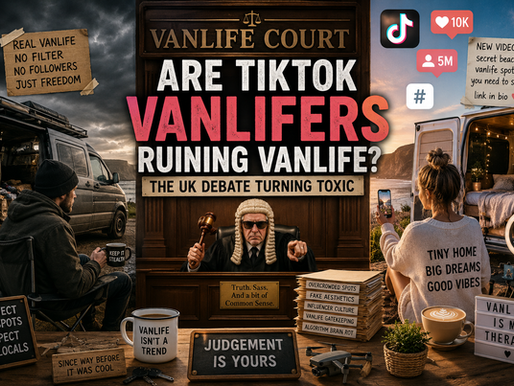 Courtroom scene debates TikTok vanlifers. Two van setups: rustic vs TikTok. Signs display pros and cons, creating a tense mood.