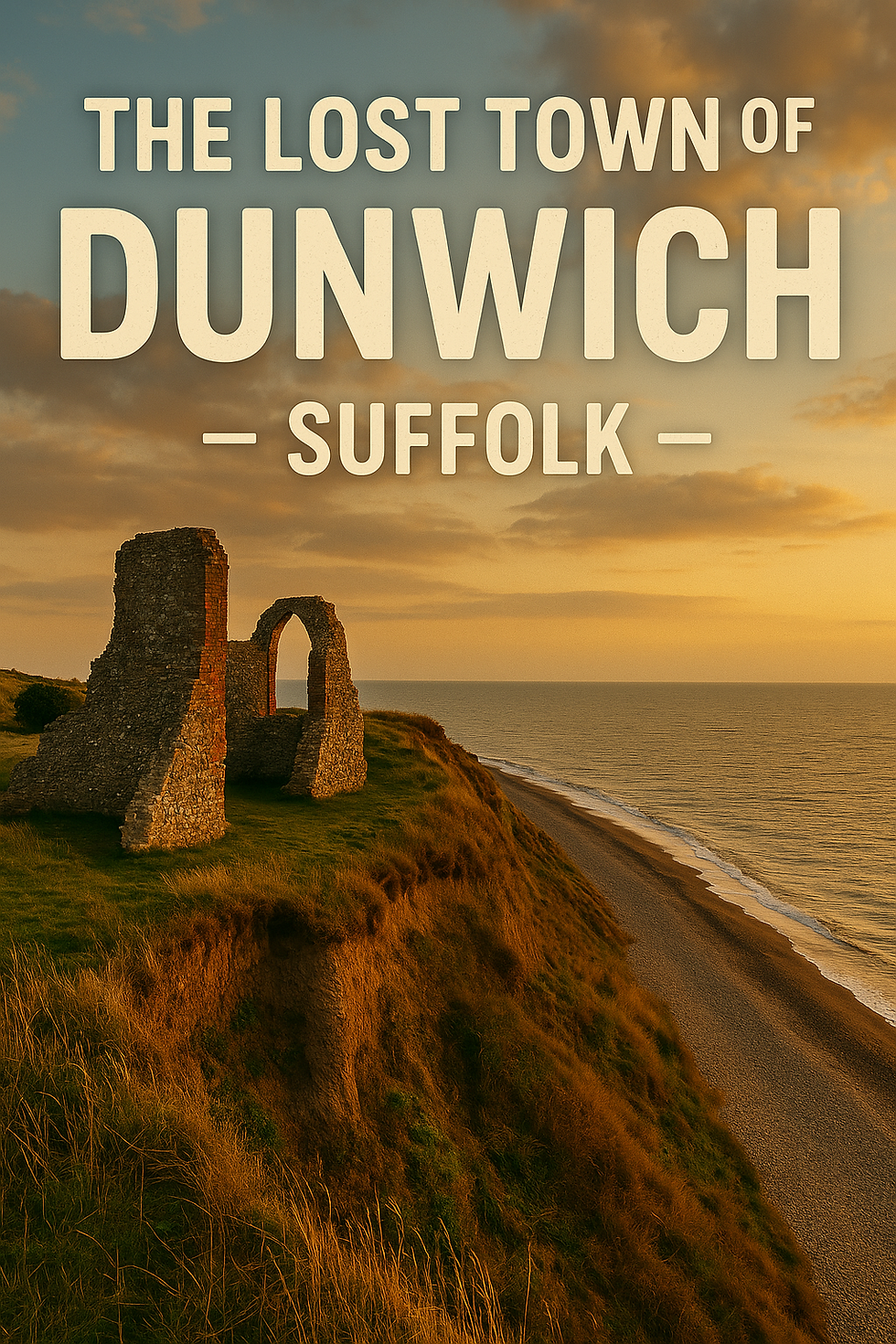 Ruins on a grassy cliff overlook a serene sea at sunset. Text reads "The Lost Town of Dunwich, Suffolk." Warm colors evoke nostalgia.