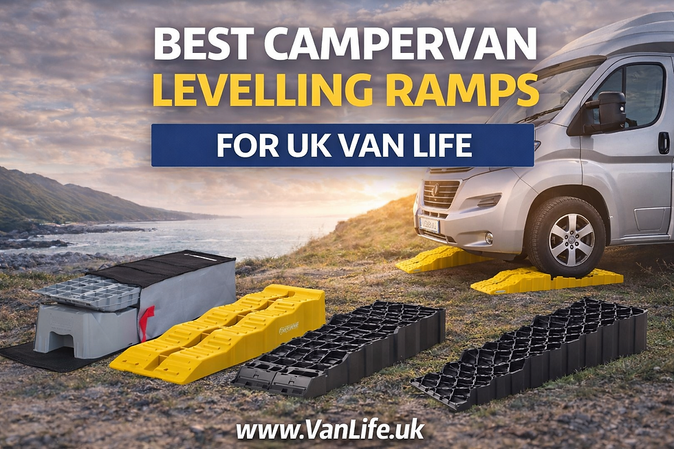 Modern cover image showing multiple campervan levelling ramps including Milenco, Gadlane and Fiamma styles displayed beside a silver campervan on a UK coastal landscape with “Best Campervan Levelling Ramps for UK Van Life” title and www.VanLife.uk