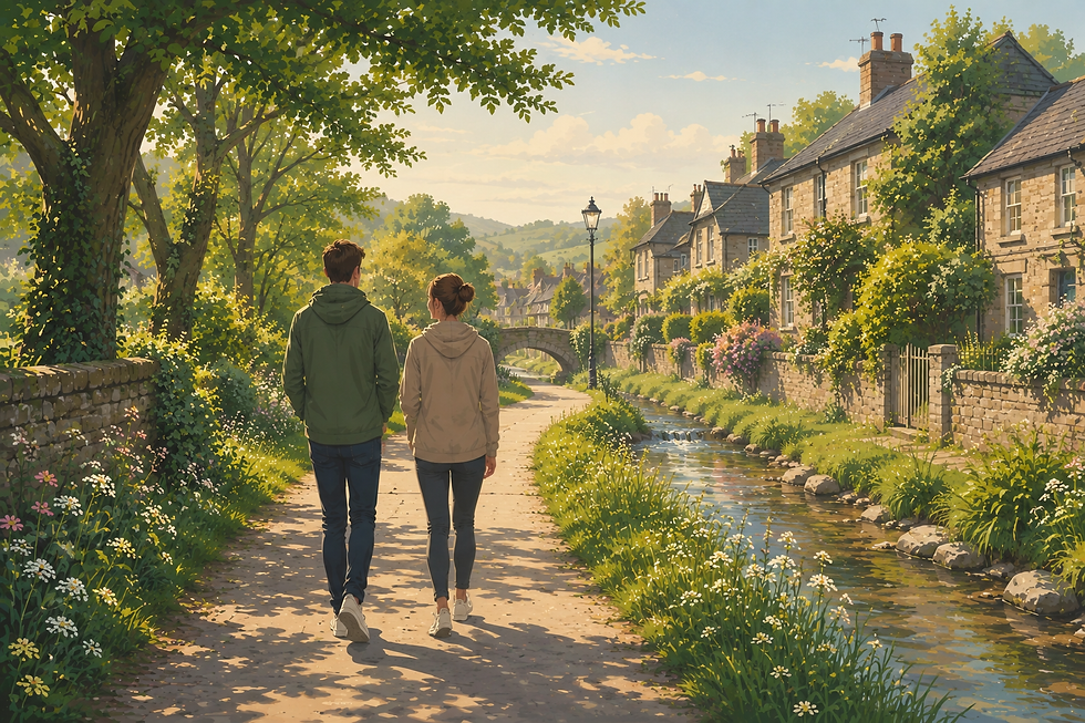 Man and woman enjoying a peaceful walk through a quiet residential street during golden hour.