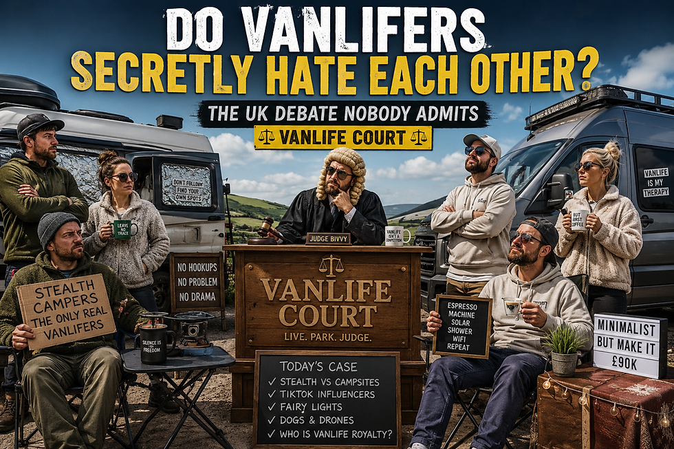 Satirical scene of vanlifers in a mock courtroom outdoors, holding signs and mugs under headline Do Vanlifers Secretly Hate Each Other?