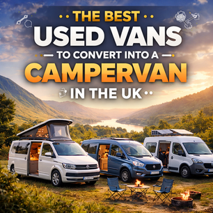 Three modern campervans in the UK countryside including Volkswagen Transporter, Ford Transit and large panel van used for campervan conversions