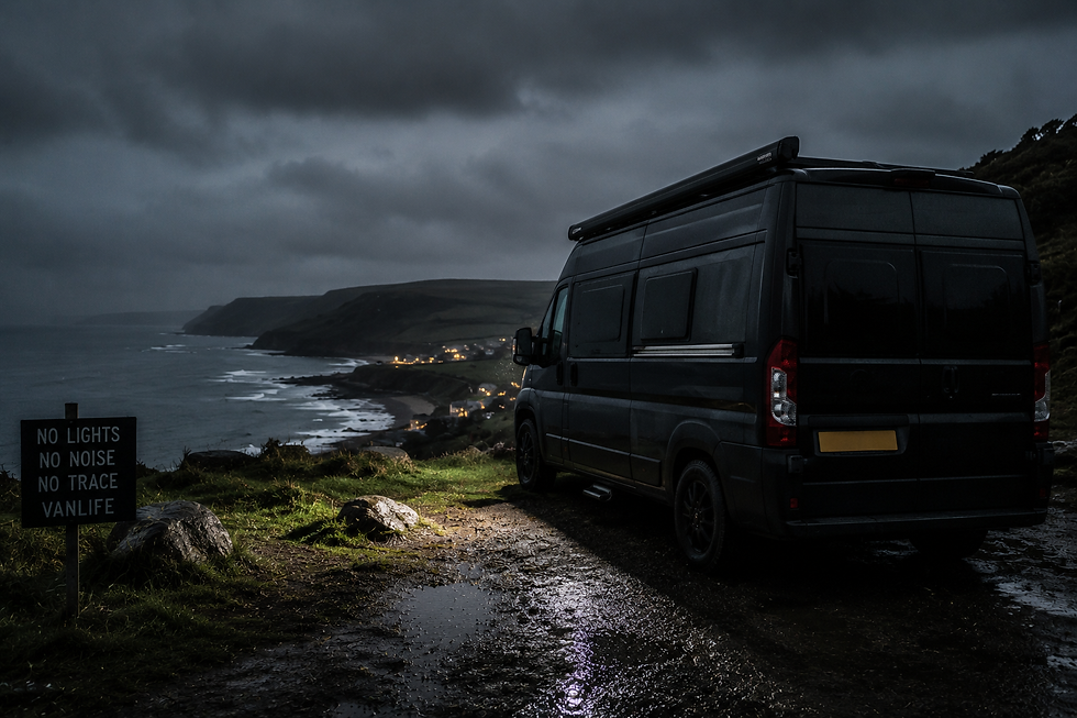 A black van parked on a cliff edge at night with a moody sky. Distant lights of a coastal village glow. Sign reads "No lights, no noise, no trace."