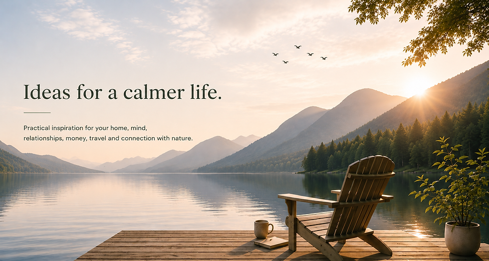 Peaceful mountain lake at sunrise with a wooden chair overlooking calm water, representing peaceful living, wellbeing and a calmer life.