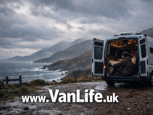 Campervan parked on UK coast during rainy weather showing the reality behind vanlife burnout.