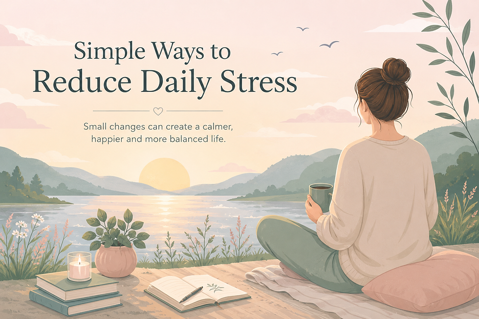 Woman with mug sits by a lake at sunrise with books, candle and journal; poster reads Simple Ways to Reduce Daily Stress