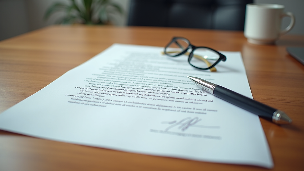High angle view of a contract document with a pen on a wooden table
