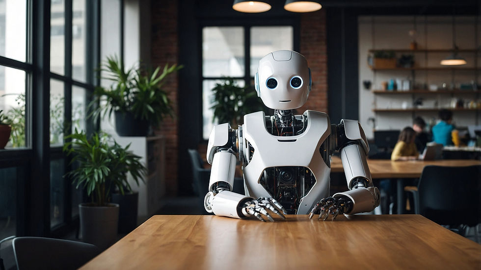 A robot sitting at a table