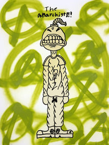 Raif Kendrick print, The Anarchist: a grimacing cartoon figure with clenched teeth, over green spray-painted anarchy symbols