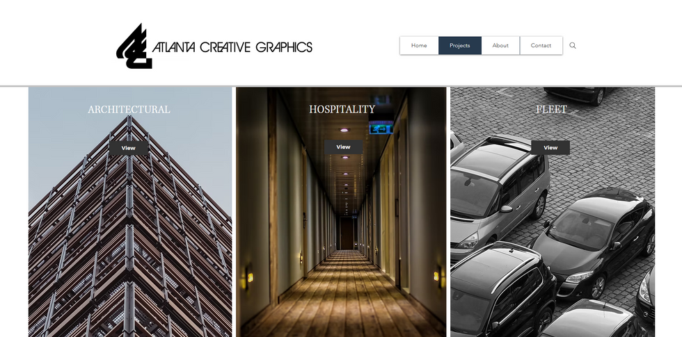 Navigation section introducing Atlanta Creative Graphics’ three core services: architectural signage, hospitality branding, a