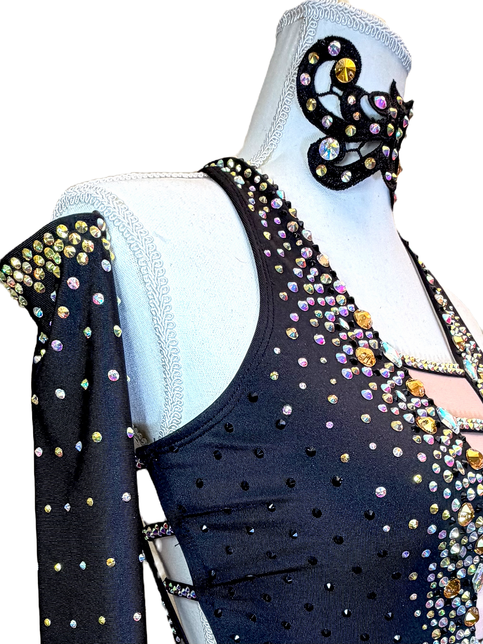 Thumbnail: Adult Small Black and Gold Jazz/Musical Theater Fringe Dance Costume