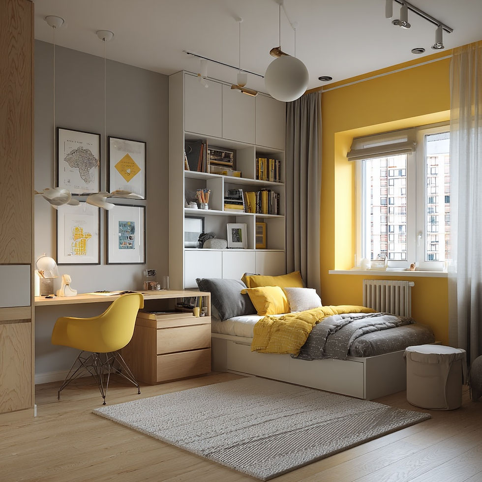 girls city bedroom with yellow wall color
