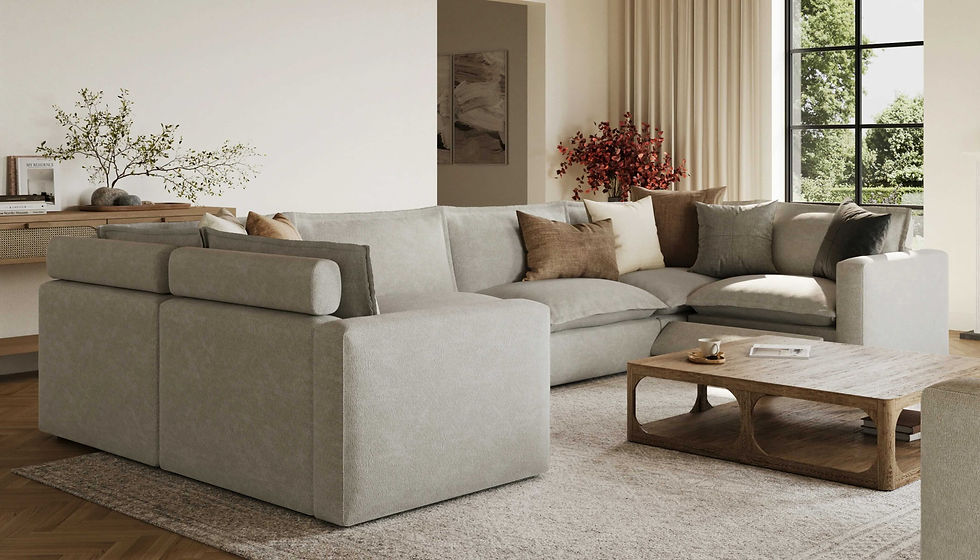 beige floating couch in an apartment living room