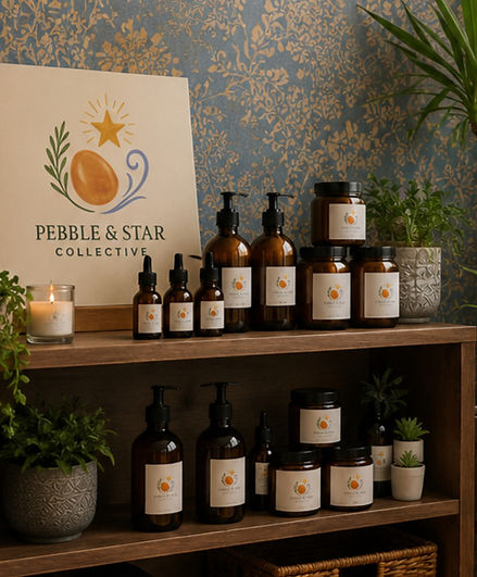 Pebble & Star Collective product range displaying products in jars and bottles.