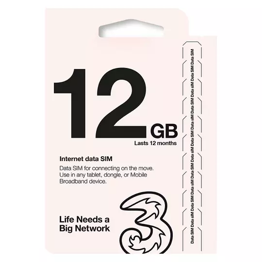 Three PAYG Data Sim Card With 12GB Pre Loaded Data