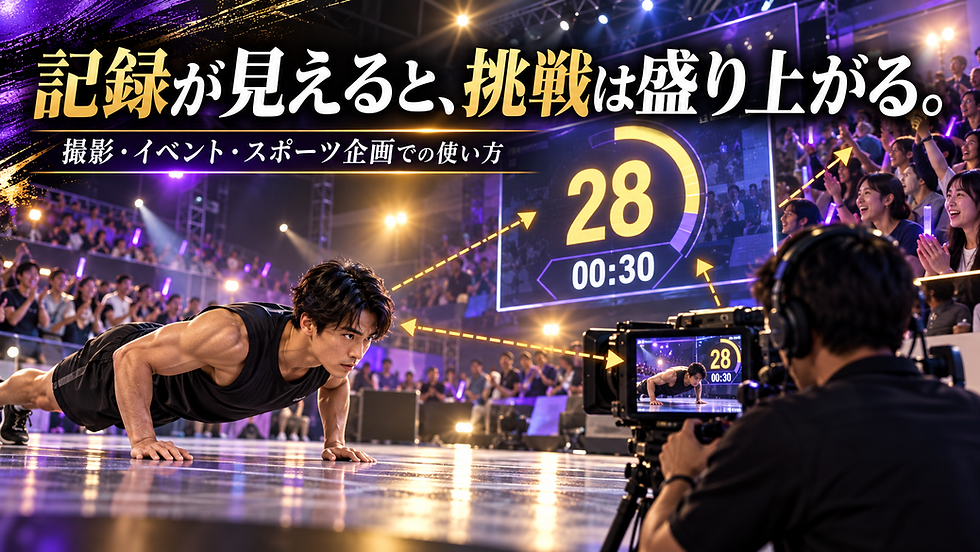 腕立て伏せの挑戦者、撮影者、観客が回数と制限時間を共有するスポーツイベントの画像
