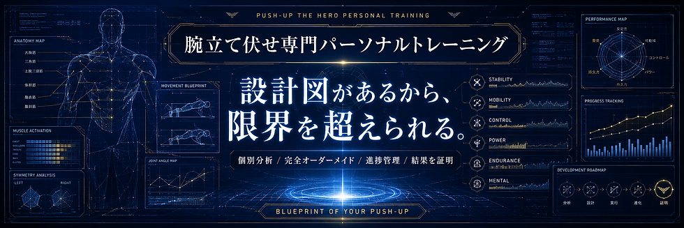 身体構造、可動性、安定性、制御力、パワー、筋持久力を分析し、腕立て伏せの成長設計図を作る専門パーソナルトレーニング