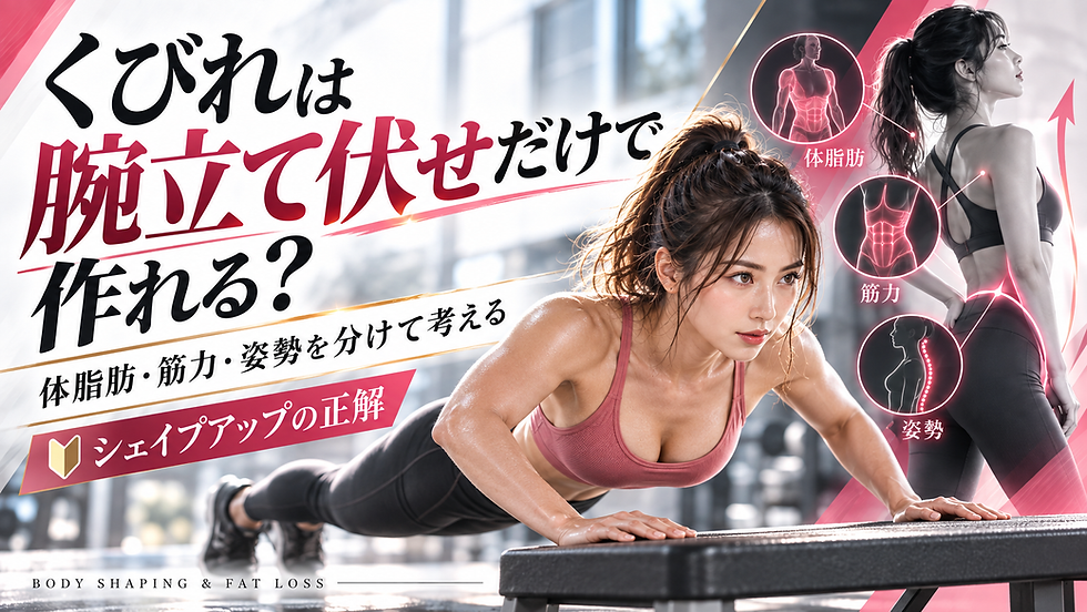 女性の腕立て伏せでくびれを目指す際の体脂肪・筋力・姿勢の違いを解説する図解