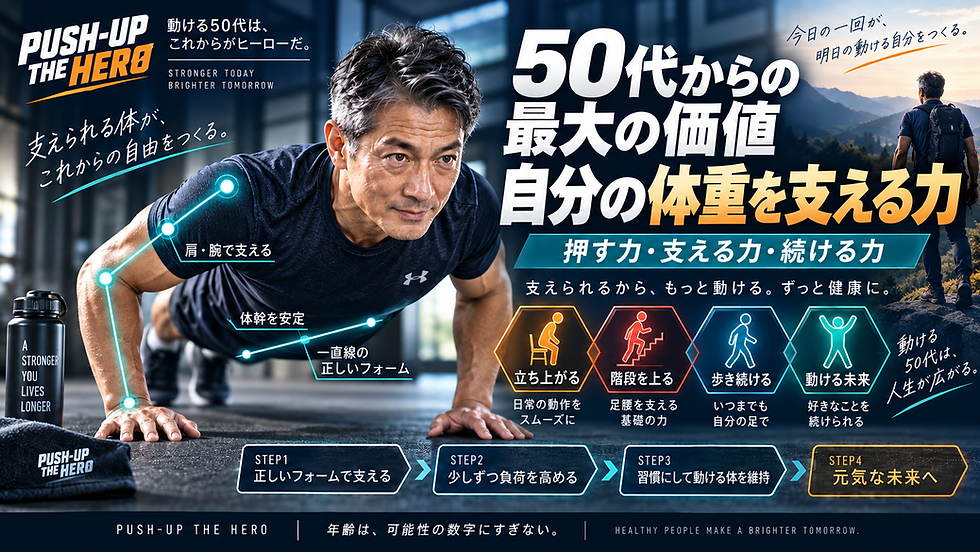 50代からの腕立て伏せで自分の体重を押す力・支える力・体幹の安定性を鍛える健康トレーニング