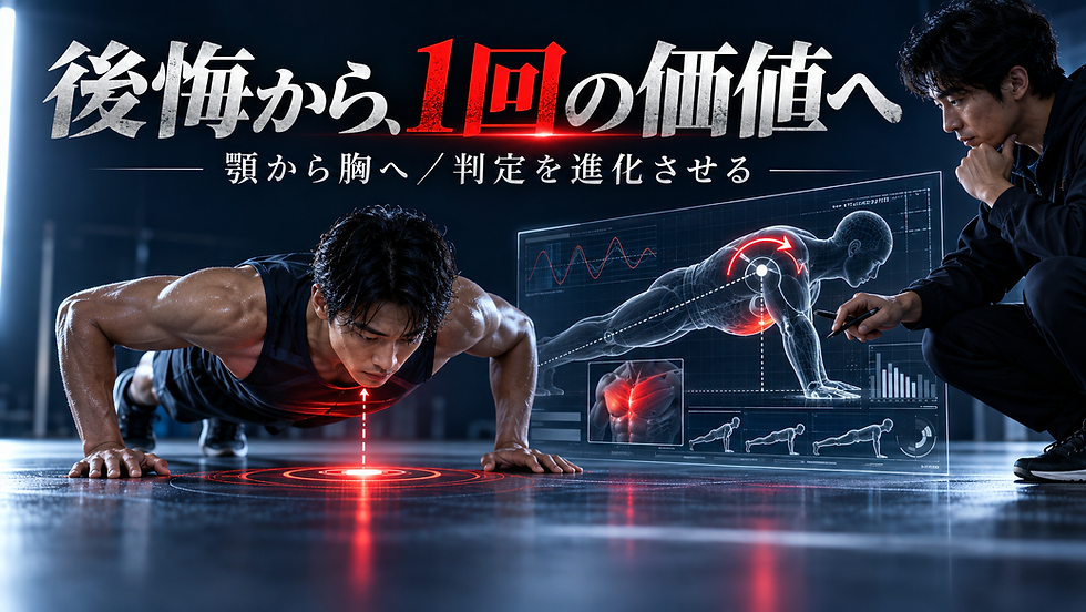 顎から胸へ判定の基準を移し、腕立て伏せの1回の価値を高める開発思想を示すバナー