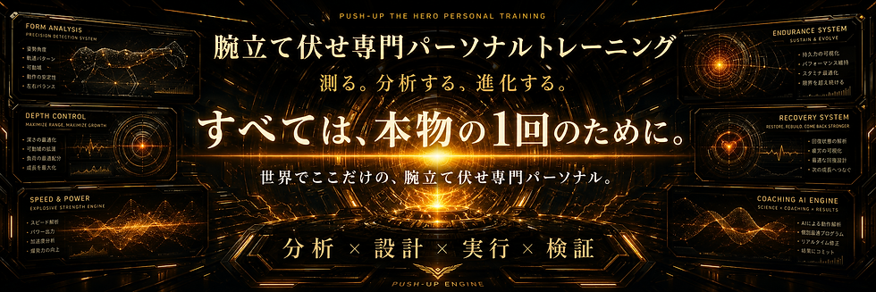 腕立て伏せのフォーム、深さ、スピード、筋持久力、回復力を測定・分析し、本物の1回へ進化させる専門トレーニングシステム